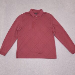 Van Heusen Mens Long Sleeve Polo Shirt Large Burgundy Red Diamond Grid Knit